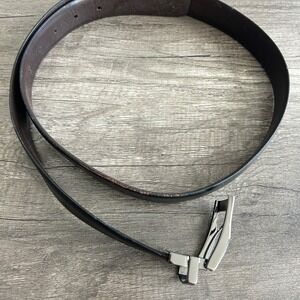 BCG‎ Men Belt 38 Black Genuine Leather Textured Silver Rotating Buckle Design